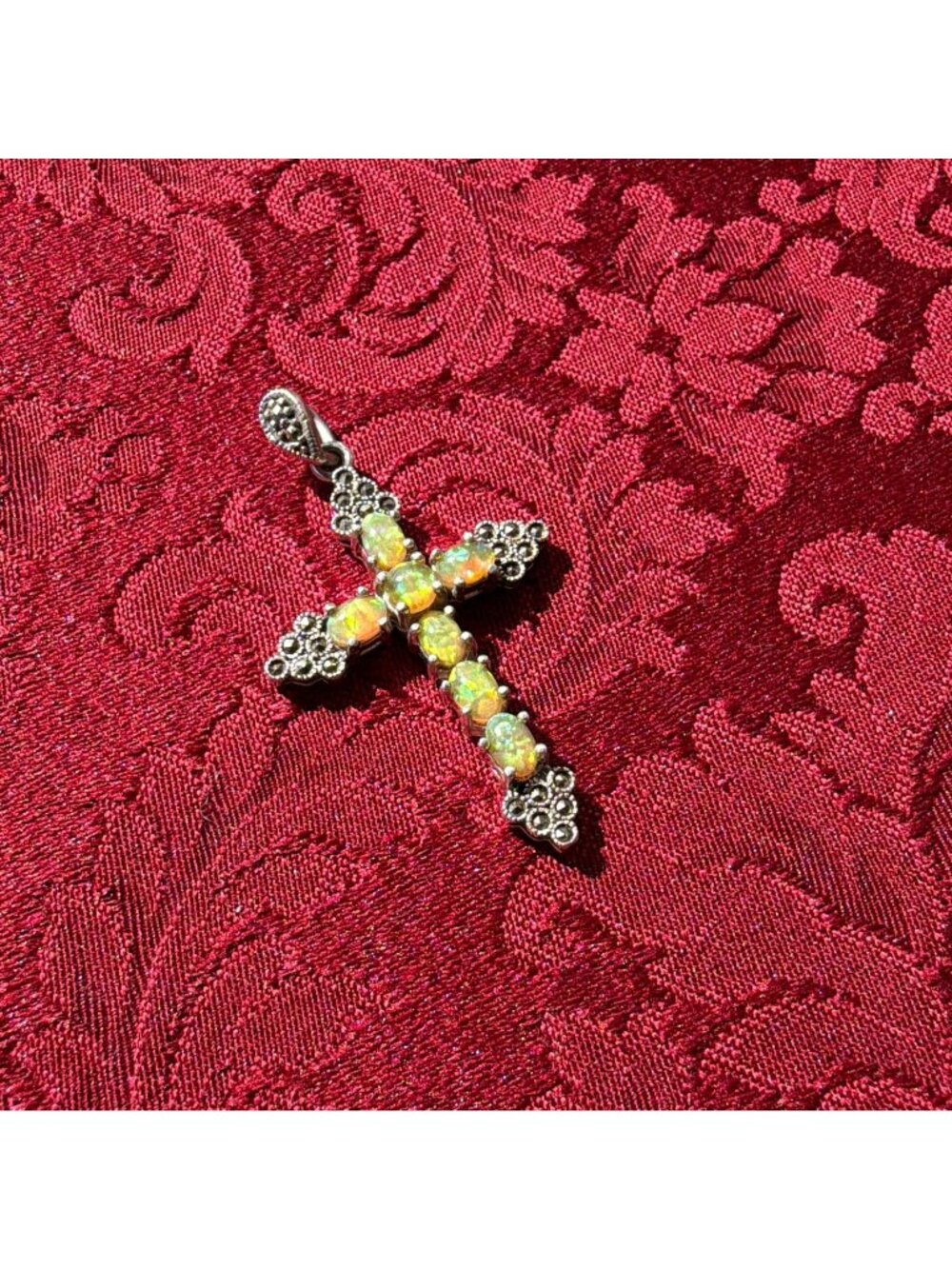 Vintage 925 Sterling Silver Natural Ethiopian Opal Marcasite Cross Pendant Charm